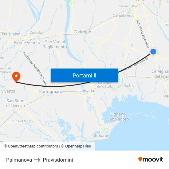 Palmanova to Pravisdomini map