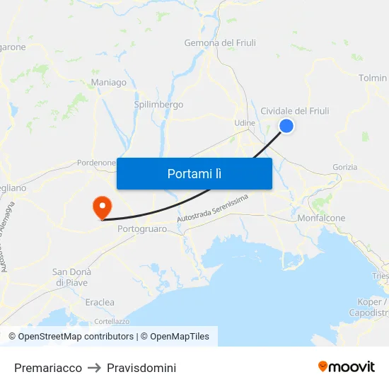 Premariacco to Pravisdomini map