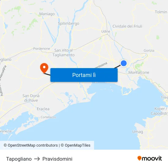 Tapogliano to Pravisdomini map