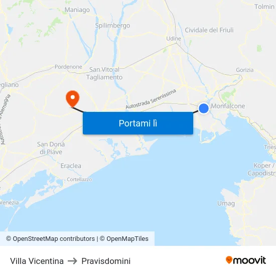 Villa Vicentina to Pravisdomini map