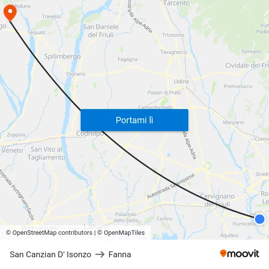 San Canzian D' Isonzo to Fanna map