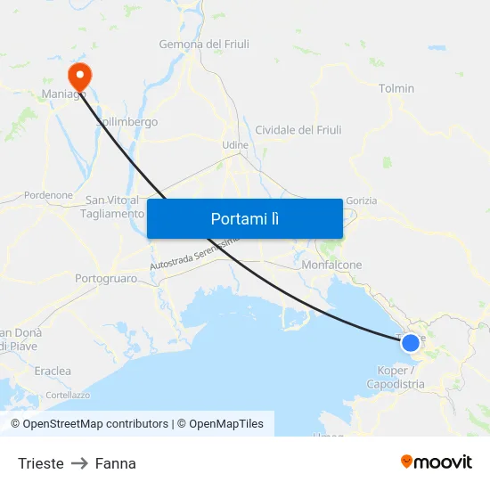 Trieste to Fanna map