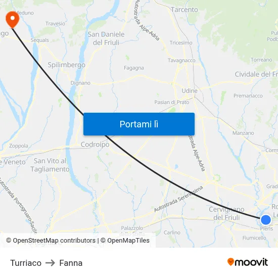 Turriaco to Fanna map