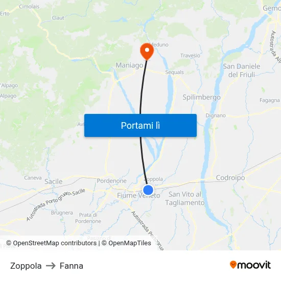 Zoppola to Fanna map