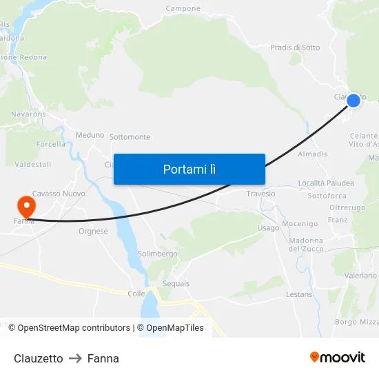 Clauzetto to Fanna map