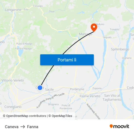 Caneva to Fanna map