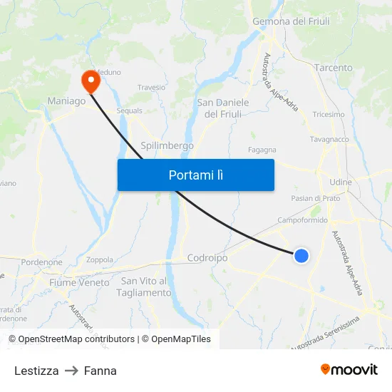 Lestizza to Fanna map