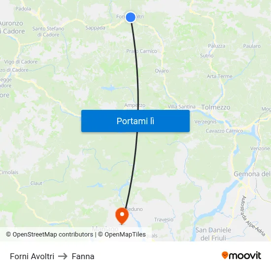Forni Avoltri to Fanna map