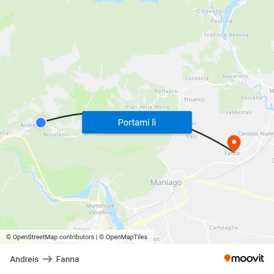 Andreis to Fanna map