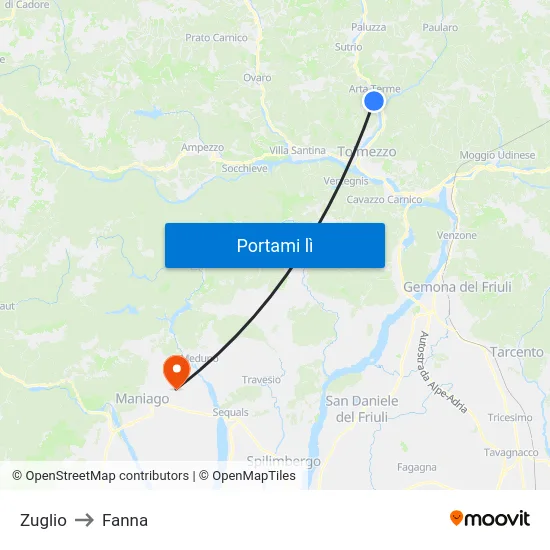 Zuglio to Fanna map