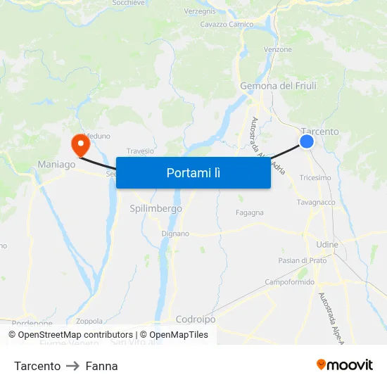 Tarcento to Fanna map