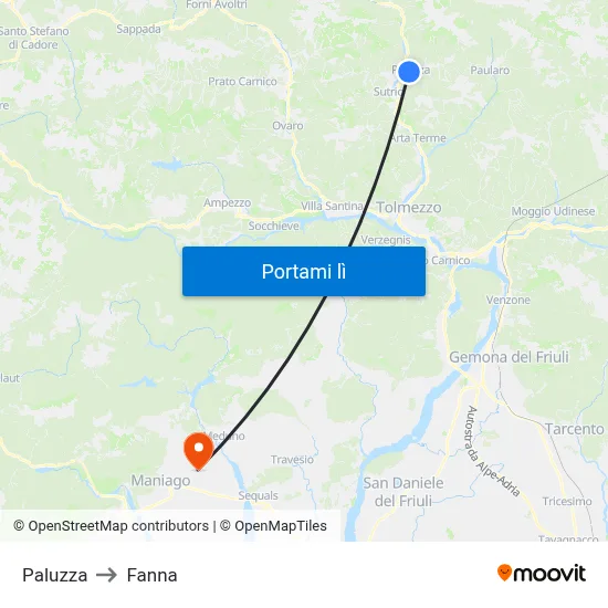 Paluzza to Fanna map