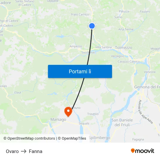 Ovaro to Fanna map