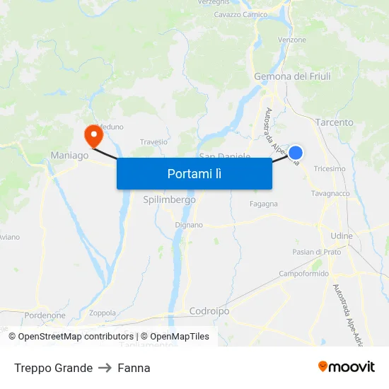 Treppo Grande to Fanna map