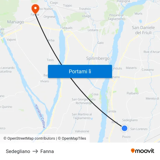 Sedegliano to Fanna map
