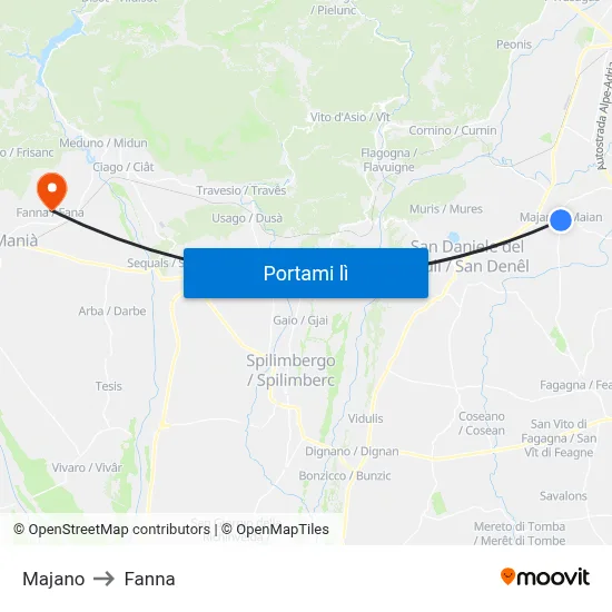 Majano to Fanna map