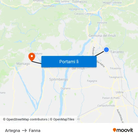 Artegna to Fanna map