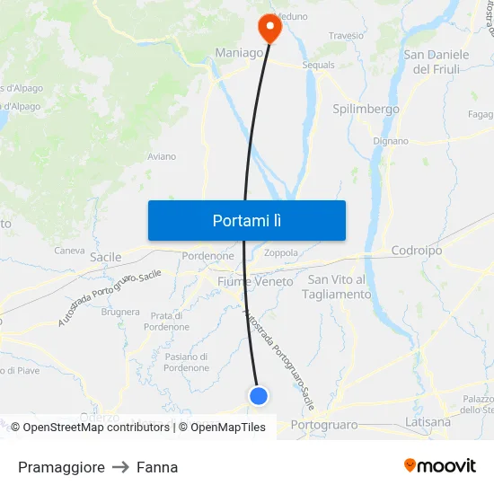 Pramaggiore to Fanna map