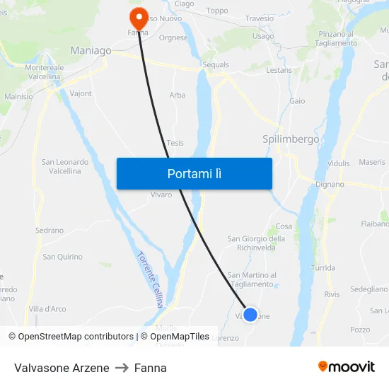 Valvasone Arzene to Fanna map