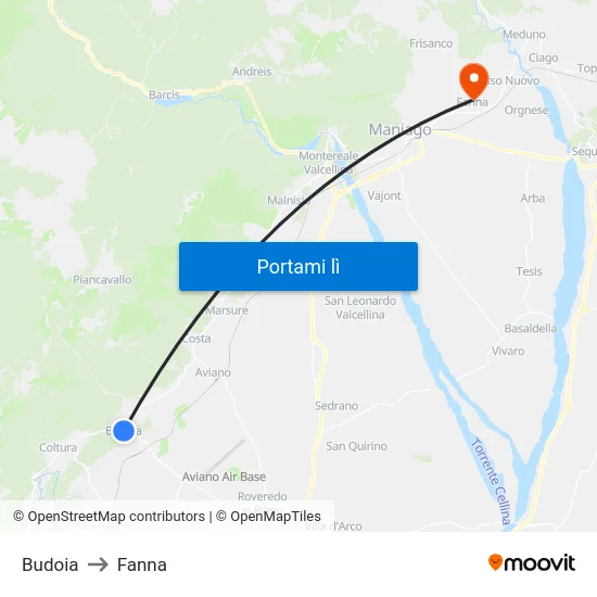 Budoia to Fanna map