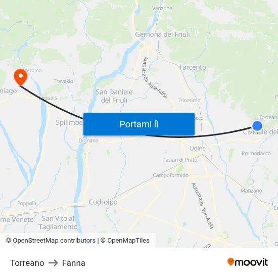 Torreano to Fanna map