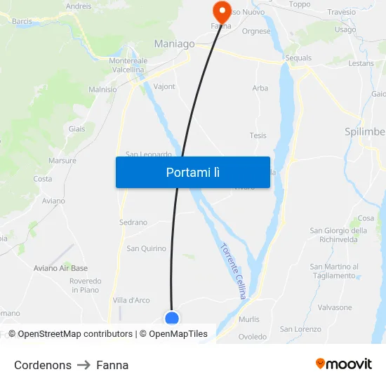 Cordenons to Fanna map