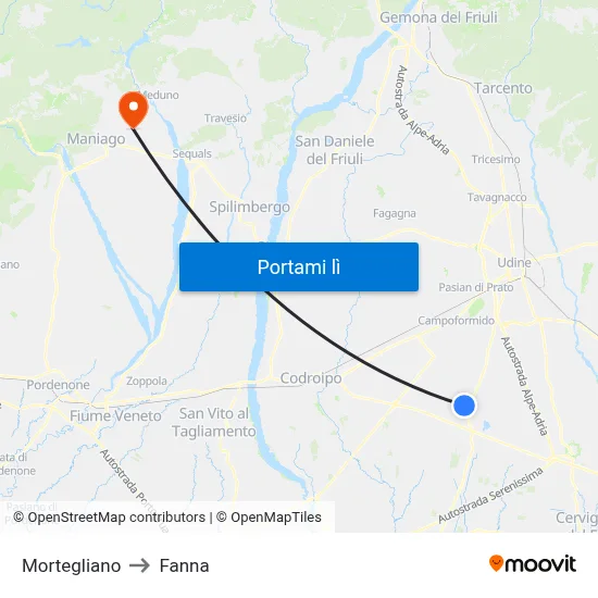 Mortegliano to Fanna map