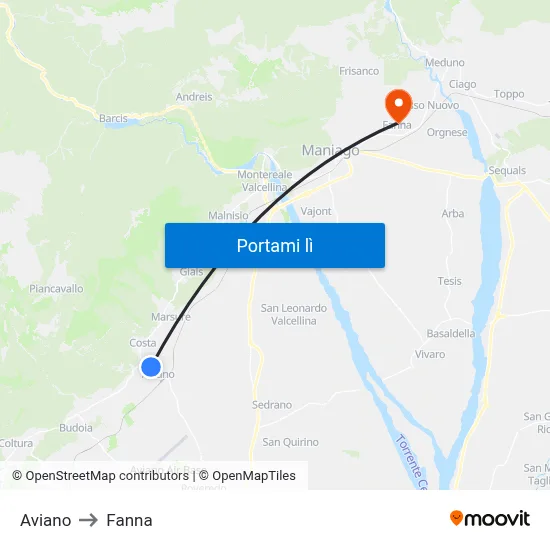 Aviano to Fanna map