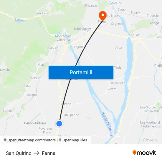 San Quirino to Fanna map