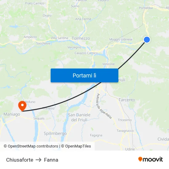 Chiusaforte to Fanna map