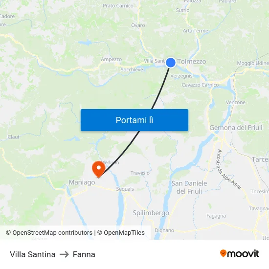 Villa Santina to Fanna map