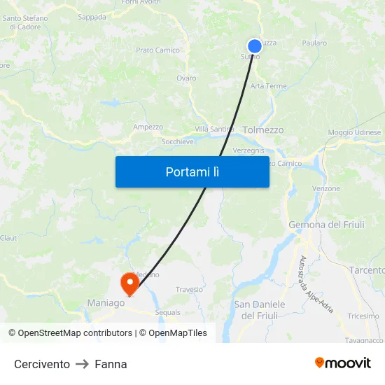 Cercivento to Fanna map