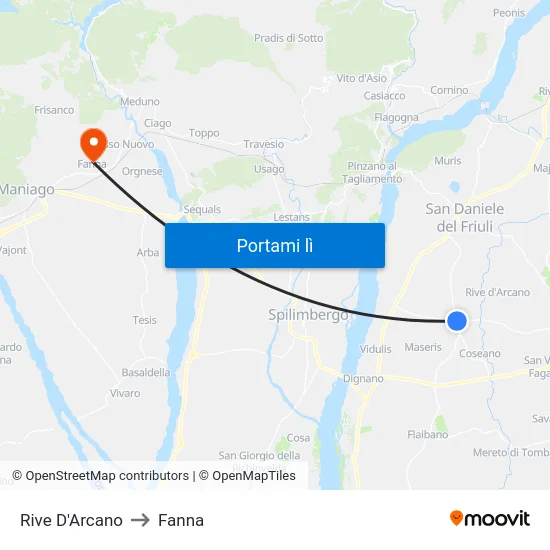 Rive D'Arcano to Fanna map