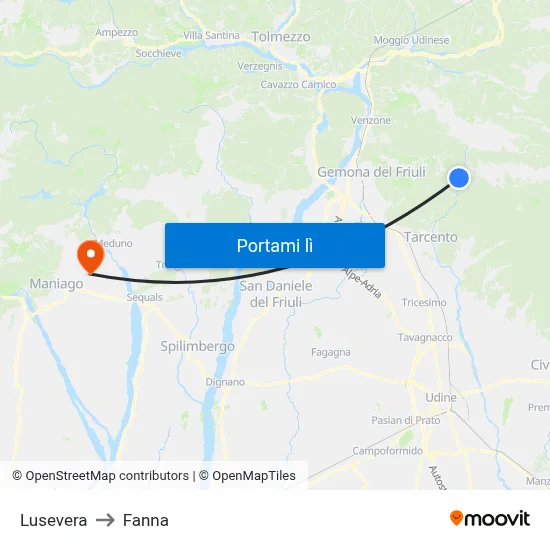 Lusevera to Fanna map