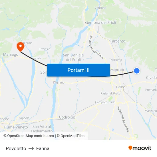 Povoletto to Fanna map