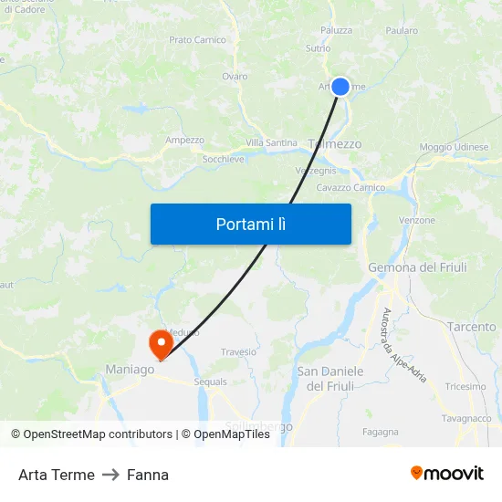 Arta Terme to Fanna map