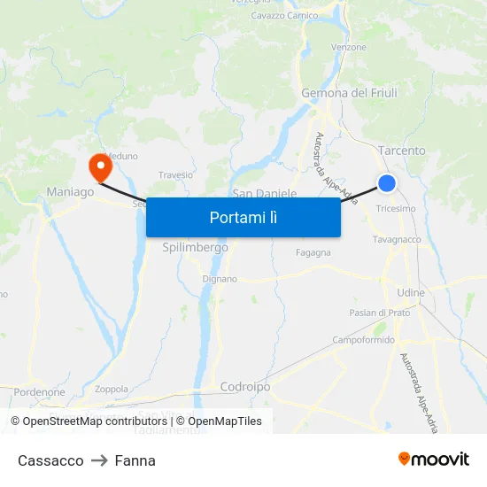 Cassacco to Fanna map