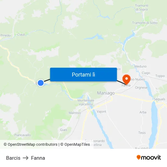 Barcis to Fanna map
