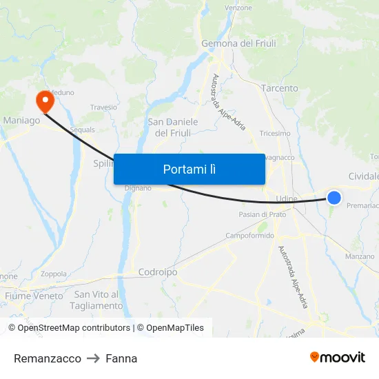 Remanzacco to Fanna map