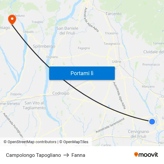 Campolongo Tapogliano to Fanna map