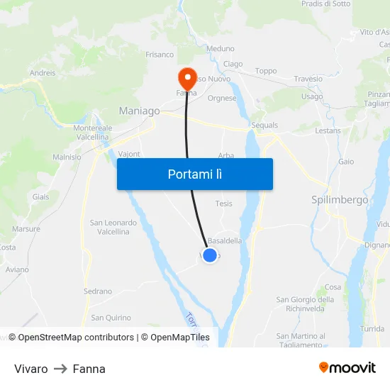 Vivaro to Fanna map