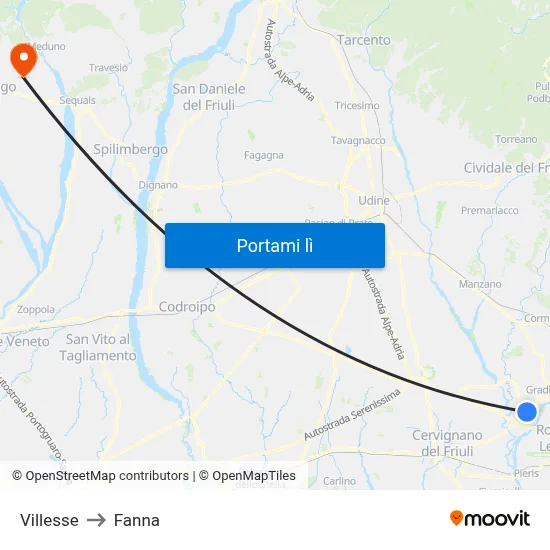 Villesse to Fanna map