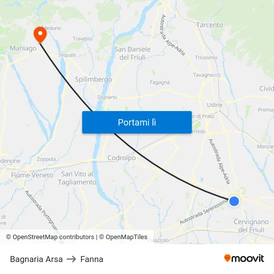 Bagnaria Arsa to Fanna map