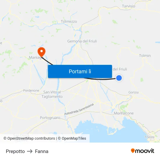 Prepotto to Fanna map