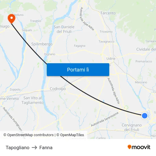 Tapogliano to Fanna map