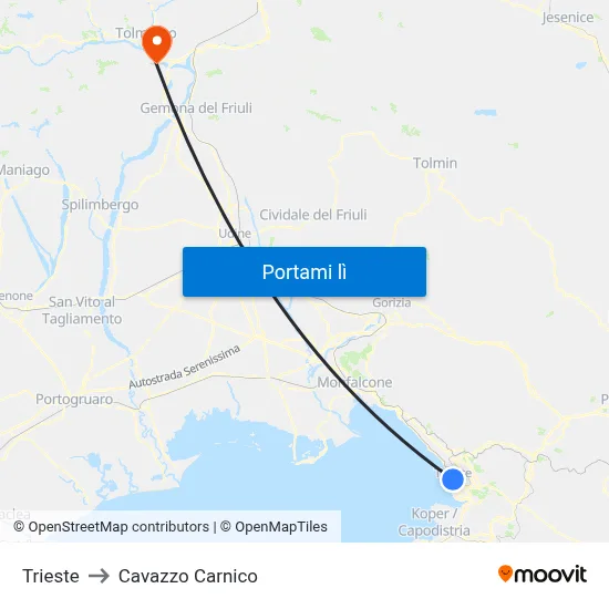 Trieste to Cavazzo Carnico map