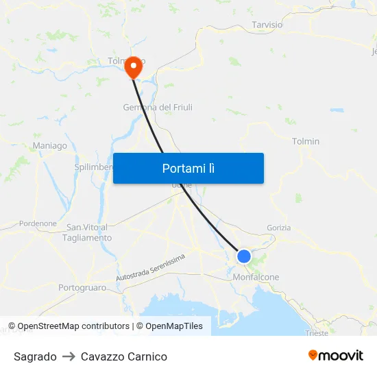 Sagrado to Cavazzo Carnico map