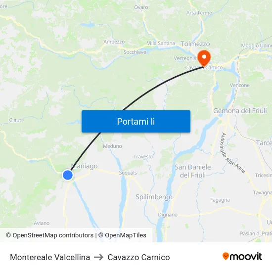 Montereale Valcellina to Cavazzo Carnico map