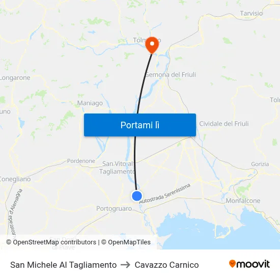 San Michele Al Tagliamento to Cavazzo Carnico map