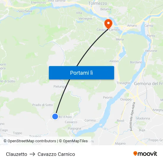 Clauzetto to Cavazzo Carnico map